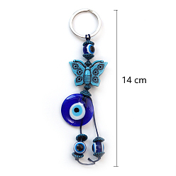 Butterfly Lampwork Evil Eye Keychains, with Metal Rings, Butterfly, 14cm