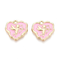 Pink Подвески из эмали и сплава, Сердце с подвесками в виде ангела и феи., золотые, без кадмия, без никеля и без свинца, розовые, 18x18x2.5 мм, отверстие : 1.8 мм