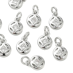 Real Platinum Plated SHEGRACE Brass Micro Pave Cubic Zirconia Pendants, Flat Round Coins Charms, Cadmium Free & Nickel Free & Lead Free, Clear, Real Platinum Plated, 8x6x1.5mm, Hole: 2.5mm