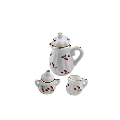 White Cherry Pattern Mini Ceramic Tea Sets, including Cup, Teapot, Sugar Bowl, Miniature Ornaments, Micro Landscape Garden Dollhouse Accessories, Pretending Prop Decorations, White, 16~27x13~36mm, 3pcs/set