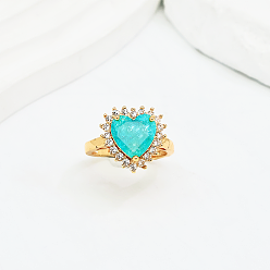 Сердце Регулируемые латунные манжеты с микропаве из кубического циркония открытые кольца для женщин, реальный 18 k позолоченный, сердце, 16 mm ~ 20 mm