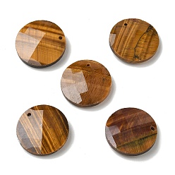 Tiger Eye Natural Tiger Eye Pendants, Flat Round Charms, Faceted, 25x6mm, Hole: 1.5mm