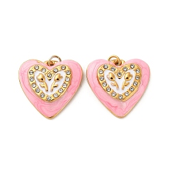 Pink 304 нержавеющей стальной эмали подвески, со стразами и прыгающим кольцом, ионное покрытие (ip), сердце с цветочным шармом, реальный 18 k позолоченный, розовые, 16.5x17x4.5 мм, отверстие : 2.5 мм