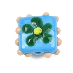 Небесно-голубой Ручной работы ухабистым Шарики Lampwork, прямоугольник с цветочным узором, голубой, 16~17x16~17x9~11 мм, отверстие : 1.6~1.8 мм