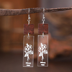 February Violet Акриловые серьги с подвесками в богемном стиле с цветком рождения, нержавеющей стали, украшения для женщин, платина, февральская фиалка, 80x15 мм