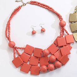 Лосось Комплекты из многослойных ожерелий и серег-подвесок из квадратных и круглых бусин из дерева в богемном стиле, золотые, salmon, 620 мм
