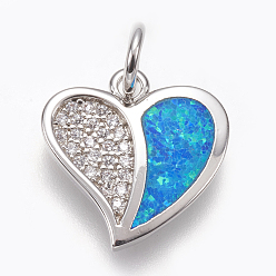 Синий Латунные микро проложить кубического циркония прелести, с синтетическим опалом, сердце, платина, синие, 14.5x15x2.5 мм, отверстие : 4 мм
