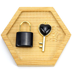 Обсидиан Подвески для пар из натурального обсидиана, Подвески на замок и ключ с позолоченными деталями из сплава, заблокировать: 30x20 мм, Ключ: 47x15 мм