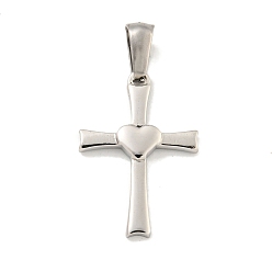 Нержавеющая Сталь Цвет Не тускнеющие 304 подвески из нержавеющей стали, крест с подвеской в виде сердца, цвет нержавеющей стали, 23.5x16x2.5 мм, отверстие : 7x3.5 мм