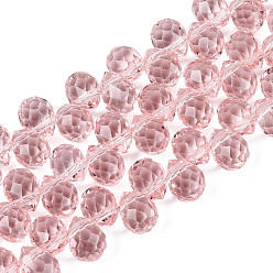 Pink Transparente Glasperlen Stränge, oben gebohrte Perlen, Träne, facettiert, rosa, 10x8x8 mm, Bohrung: 1~1.2 mm, ca. 88~92 Stk. / Strang, 20.67~22.64 Zoll (52.5~57.5 cm)