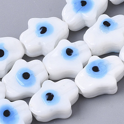 White Handmade Evil Eye Lampwork Beads Strands, Hamsa Hand/Hand of Fatima/Hand of Miriam with Evil Eye, White, 14~15x12x7mm, Hole: 1.8mm, about 20pcs/strand, 11.61 inch(29.5cm)