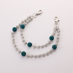 чирок Двухслойные цепочки для брюк из полимерной глины с круглыми бусинами и стразами, с поворотными застежками сплава, платина, зелено-синие, 300 мм