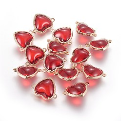 Красный Соединители стеклянные ссылки, с элементами из экологически чистого сплава, сердце, золотой свет, красные, 14x18.5x7 мм, отверстие : 1.2 мм