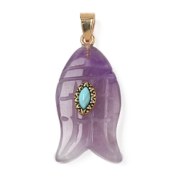 Аметист Резные подвески из натурального аметиста и синтетической бирюзы, амулеты в виде рыбок с латунными дужками, золотые, 35x17.5x7.5~8 мм, отверстие : 4.3x6.5 мм