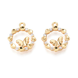 Настоящее золото 18K Латунные микро проложить кубического циркония подвески, Бабочка & кольцо, реальный 18 k позолоченный, 18x15.5x3 мм, отверстие : 1.4~1.5 мм