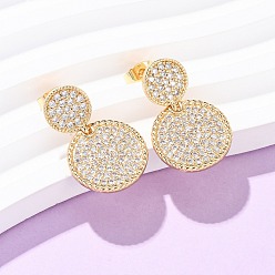Прозрачный Латунные плоские круглые серьги-гвоздики с микропаве из кубических цирконий, реальный 16 k позолоченный, прозрачные, 26x16 мм