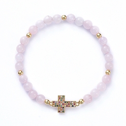 Rose Quartz Round Natural Rose Quartz Stretch Beaded Bracelets, with Brass Micro Pave Cubic Zirconia Links, Brass Beads and Cardboard Boxes, Cross, 2-1/8 inch(5.5cm)