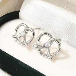 Платина Серьги-гвоздики в форме сердца из латуни с микропаве из прозрачного кубического циркония, долговечный, без свинца и без кадмия, платина, 12x14 мм