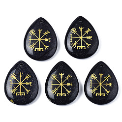 Синий Драгоценный Камень Синтетический синий авантюрин подвески, слеза с северным языческим узором, 32~33.5x25~26x6.5~7.5 мм, отверстие : 2 мм, 6 шт / пакет