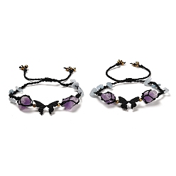 Aquamarine Natural Amethyst & Aquamarine & Synthetic Hematite Nuggets Braided Bead Bracelet, Butterfly Adjustable Bracelet, Inner Diameter: 2-1/4~4-1/8 inch(5.7~10.6cm)