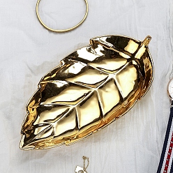 Лист Позолоченная керамическая тарелка для ювелирных изделий, лоток для хранения колец, , серьга, лист, 191x93 мм