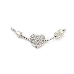 Platinum Brass Micro Pave Clear Cubic Zirconia Connector Charms, Heart Links with Arrow, Platinum, 8x27.5x3mm, Hole: 1.2mm
