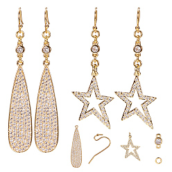 Golden DIY Earring Making, 304 Stainless Steel Earring Hooks, with Brass Micro Pave Cubic Zirconia Links and Pendants, Golden, 12x10cm, about 32pcs/set