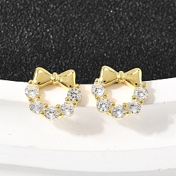 Золотой Серьги-гвоздики с бантом 925 из стерлингового серебра с микропаве из прозрачных кубических цирконий, золотые, 9.5x10 мм