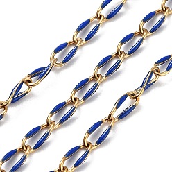 Royal Blue 304 Stainless Steel Handmade Beaded Chain, with Enamel, with Spool, Soldered, Real 18K Gold Plated, Oval, Royal Blue, 9x4x1mm, about 16.40 Feet(5m)/Roll