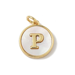 Letter P Латунный паве натуральный ракушка плоский круглый с буквенными подвесками, реальный 18 k позолоченный, долговечный, без свинца и без кадмия, стойки покрытие, цвет морской раковины, Письмо P, 15x13x2 мм, отверстие : 3 мм
