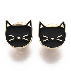 Noir Broches en alliage, broche en émail, avec embrayages papillon, forme de chat, or et de lumière, noir, 14.5x14x2mm, pin: 1 mm