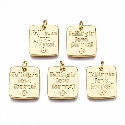 Echt 18 k vergoldet Messing Anhänger & Charms, mit Ringe springen, Nickel frei, Rechteck mit Wort verliebt sich in echt, echt 18 k vergoldet, 17x15x2 mm, Ringe springen: 5x0.8 mm, 3 mm Innen Durchmesser