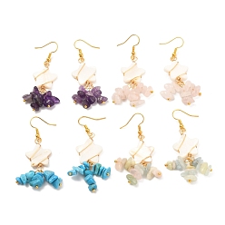 Смешанные камни Длинные серьги с подвесками в виде звезды с пучками бусинок, серьги с бусинами из натуральной раковины и смешанных камней для девочек и женщин, золотые, 58~61 мм, штифты : 0.6 мм