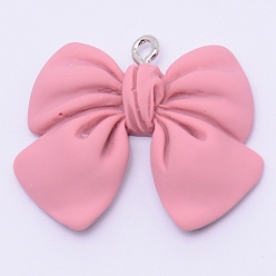 Pink Подвески из смолы, с платиновым железом винт с проушиной, бантом, розовые, 25x28x5 мм, отверстие : 1.8 мм