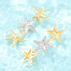 Platinum & Golden Brass Micro Pave Cubic Zirconia Dangle Stud Earrings, Starfish, Lead Free & Cadmium Free, Long-Lasting Plated, Rack Plating, Platinum & Golden, 42.5x16.5mm