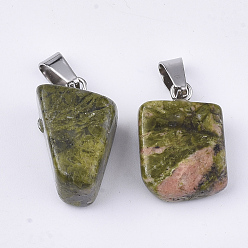 Unakite Natural Unakite Pendants, with Stainless Steel Snap On Bails, Nuggets, 15~35x10~20x5~15mm, Hole: 3x7.5mm
