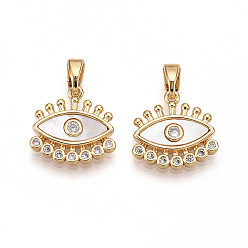 Настоящее золото 18K Латунные микро проложить кубического циркония прелести, без кадмия, без никеля и без свинца, с оболочкой, Злые чары глаз, реальный 18 k позолоченный, 13x13x2.5 мм, отверстие : 5x2 мм