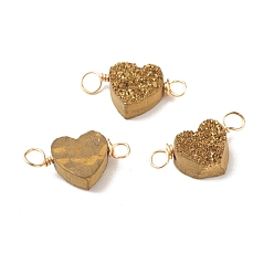 Dark Goldenrod Natural Druzy Agate Connector Charms, with Golden Tone Copper Wire, Dyed, Heart, Dark Goldenrod, 18~20x9~10x4~5mm, Hole: 3mm