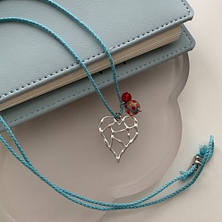Heart Alloy Glass Outline Pendant Cotton Cord Long Necklaces, Platinum, Light Blue, Heart, 27.56 inch(70cm)