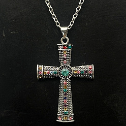 Разноцветный Ожерелья с подвеской-крестом из платинового сплава со стразами, красочный