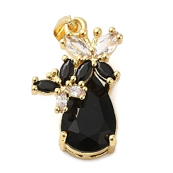 Black Rack Plating Brass Micro Pave Cubic Zirconia Pendants, Cadmium Free & Lead Free, Long-Lasting Plated, Real 18K Gold Plated, Teardrop, Black, 20.5x15x8mm, Hole: 5x3.5mm