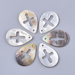 Seashell Color Black Lip Shell Pendants, teardrop, with Cross, Seashell Color, 23x16x1.5~2mm, Hole: 1.4mm