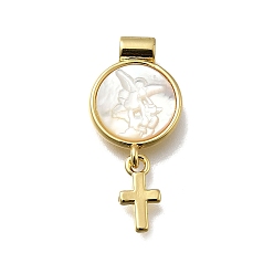 Другие Латунный паве натуральный белый ракушка плоский круглый с крестообразными подвесками, реальный 18 k позолоченный, без кадмия и без свинца, стойки покрытие, долговечный, 25.5x12x3 мм, отверстие : 2 мм