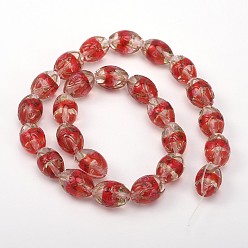 Red Oval Shaped Handmade Gold Sand Lampwork Beads, Red, 16x11mm, Hole: 2mm