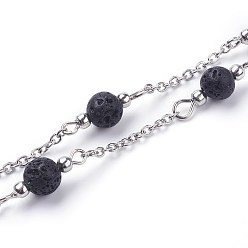 Lava Rock Handmade Beaded Chains, Unwelded, with Natural Lava Rock and Iron Needle, 39.37 inch, 1m/strand