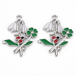 Creamy White Alloy Pendants, with Enamel and Rhinestone, Platinum, Flower with ladybird, Creamy White, 34x27x3mm, Hole: 1.8mm