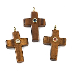 Тигровый глаз Природных тигровый глаз подвески, Подвески в виде креста с фурнитурой из латуни, инкрустированной микрофиброй (случайного цвета)., золотые, 30x17.5~18x6.5~7 мм, отверстие : 2.7 мм