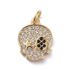 Golden Brass Micro Pave Cubic Zirconia Pendants, Long-Lasting Plated, Skull, Clear, Golden, 15.1x12x2.3mm, Hole: 3mm