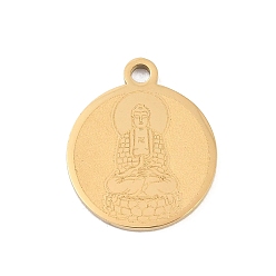 Oro Colgantes budistas 304 de acero inoxidable, redondo plano con dijes de buda, pulido a mano, revestimiento de iones (ip), dorado, 17x15x1.4 mm, agujero: 1.8 mm