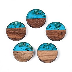 Темно-Голубой Подвески из смолы и ореха, плоско-круглые, золотая фольга, глубокое синее небо, 18x3~3.5 мм, отверстие : 2 мм